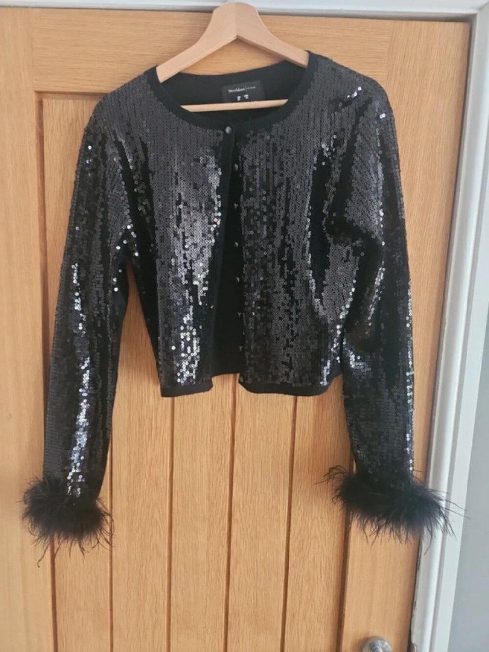 Sequin cardigan fur cuffs